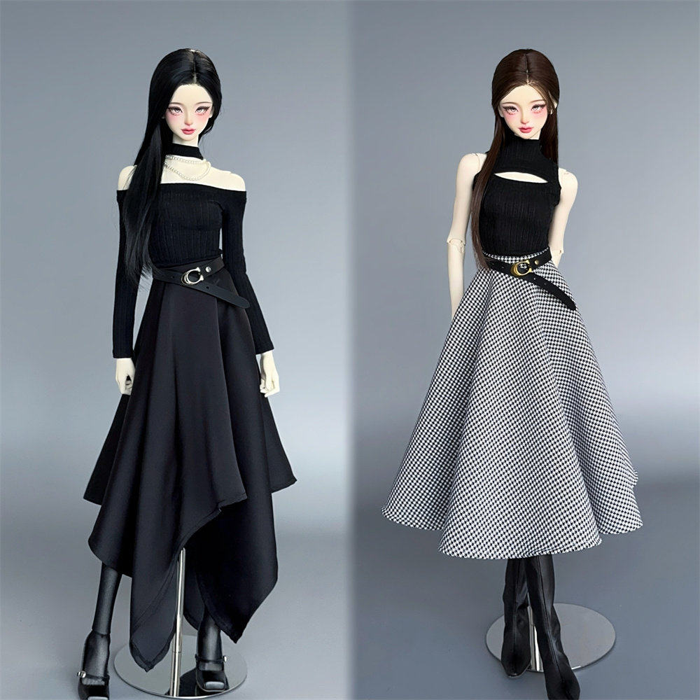 三色上衣千鸟格伞裙黑色半裙