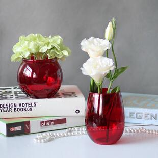 圆形中国红色玻璃花瓶轻奢高级感水培简约客厅装 饰水养插花小摆件