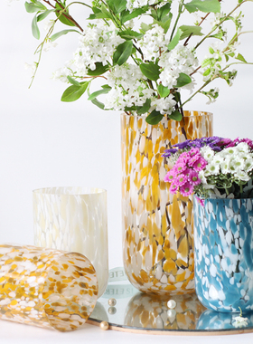 琉璃甩点玻璃花瓶高级感轻奢黄色直筒玫瑰插花器客厅玄关装饰摆件