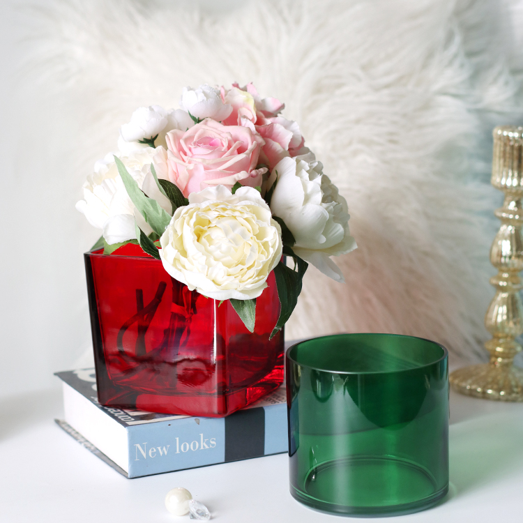 红色方形玻璃花瓶绿色大口径直筒花盆轻奢水培插花器餐桌餐厅装饰,家居饰品,花瓶,淘宝优惠券,粉丝福利购,淘宝优惠卷