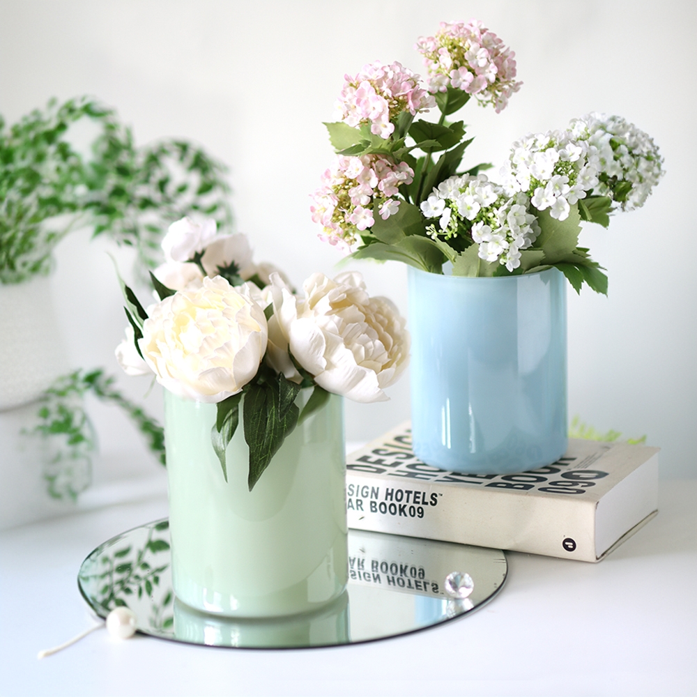 浅蓝直筒玻璃花瓶绿色水培花器