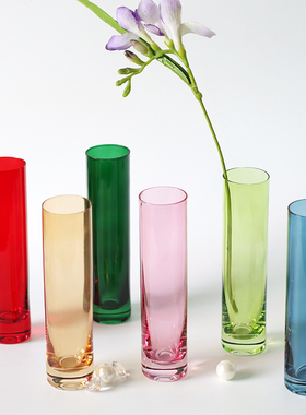 简约厚底绿色直筒玻璃花瓶小口径轻奢高级感红色插花水培器皿装饰