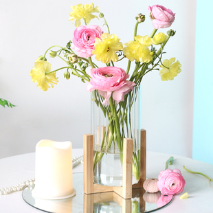 北欧简约木架透明玻璃直筒花瓶高级感鲜花富贵竹烛台客厅餐桌装饰
