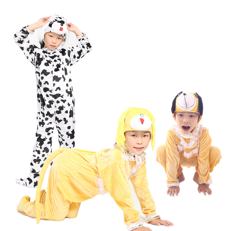 儿童动物卡通黑白色斑点狗舞蹈演出服黄色小狗亲子表演服套装帽子
