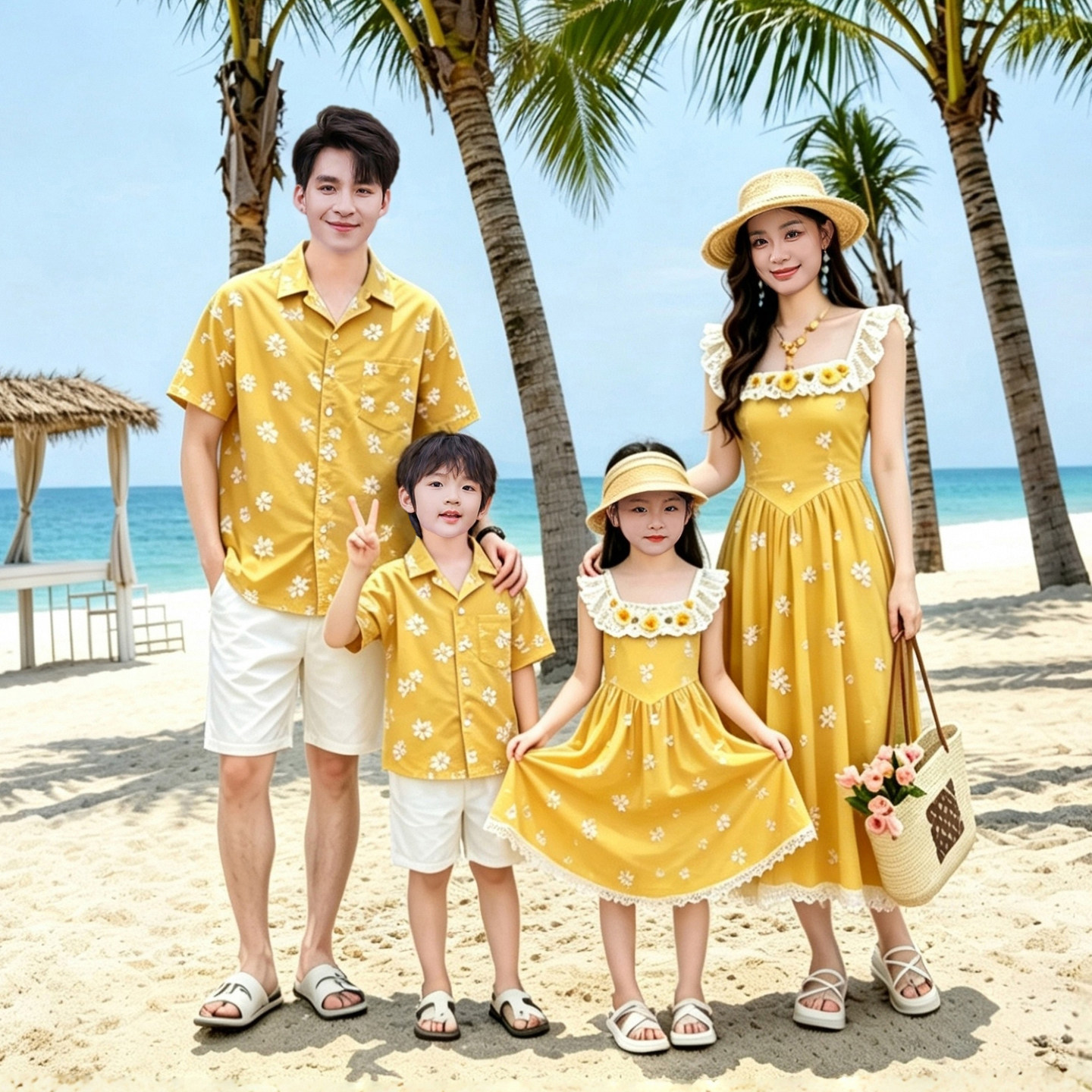 度假风黄色小花亲子装夏季衬衫一家三四口海边沙滩套装母女连衣裙