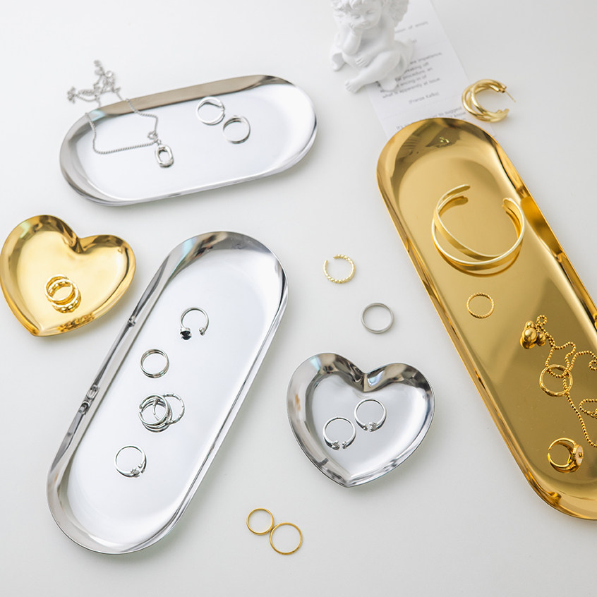 INS 스테인레스 스틸 금색과 은색 쥬얼리 트레이 쥬얼리 쥬얼리 장식 보관함 사진 소품 사진 배경