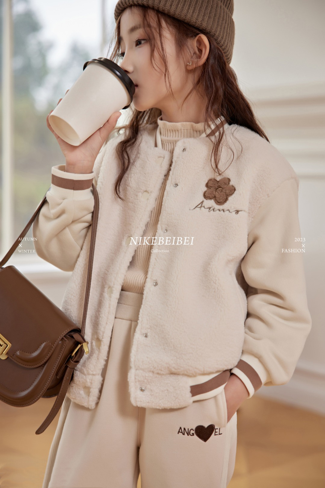 妮可贝贝冬装女童羊羔毛棒球服外套儿童加厚保暖上衣中童毛毛外套
