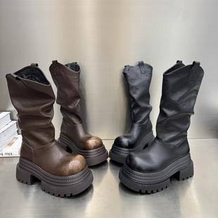 厚底8cmV口褶皱堆堆靴女显瘦不过膝高筒骑士靴加绒长筒靴