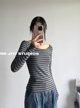 复古条纹打底衫女百搭一字肩针织T恤修身显瘦露肩长袖上衣深灰色