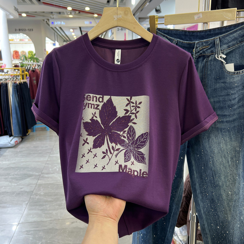 时尚妈妈装枫叶印花圆领短袖T恤女夏季新款洋气中老年半袖上衣服