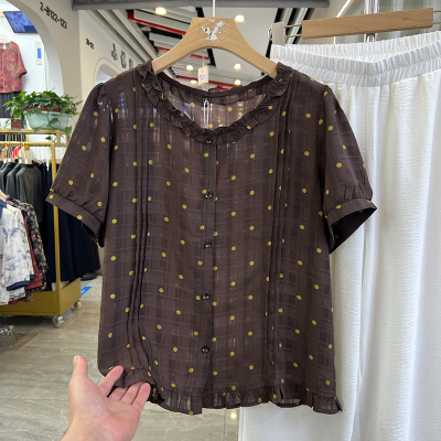 四季青妈妈装木耳边波点短袖衬衫