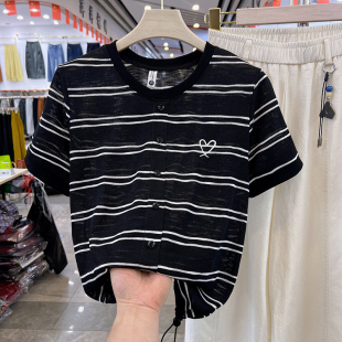 四季青妈妈装黑色条纹短袖T恤女夏新款今年流行时尚休闲冰丝上衣