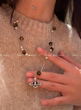 秋冬复古虎眼星球项链女轻奢小众设计感双层叠戴毛衣链百搭锁骨链