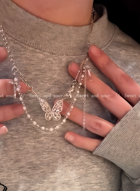 甜酷少女蝴蝶项链假两件设计感小众甜辣卫衣锁骨链秋冬百搭毛衣链