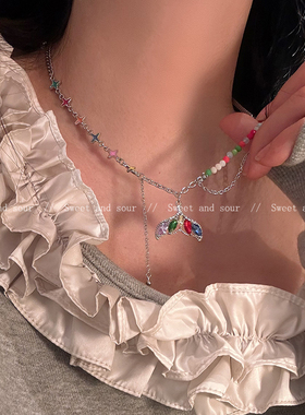 y2k甜酷彩色鱼尾串珠项链女夏2025新款爆款小众设计感锁骨链颈链