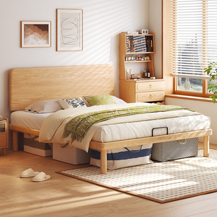 原木风高脚全实木床家用主卧1米8次卧1米5小户型卧室白蜡木双人床