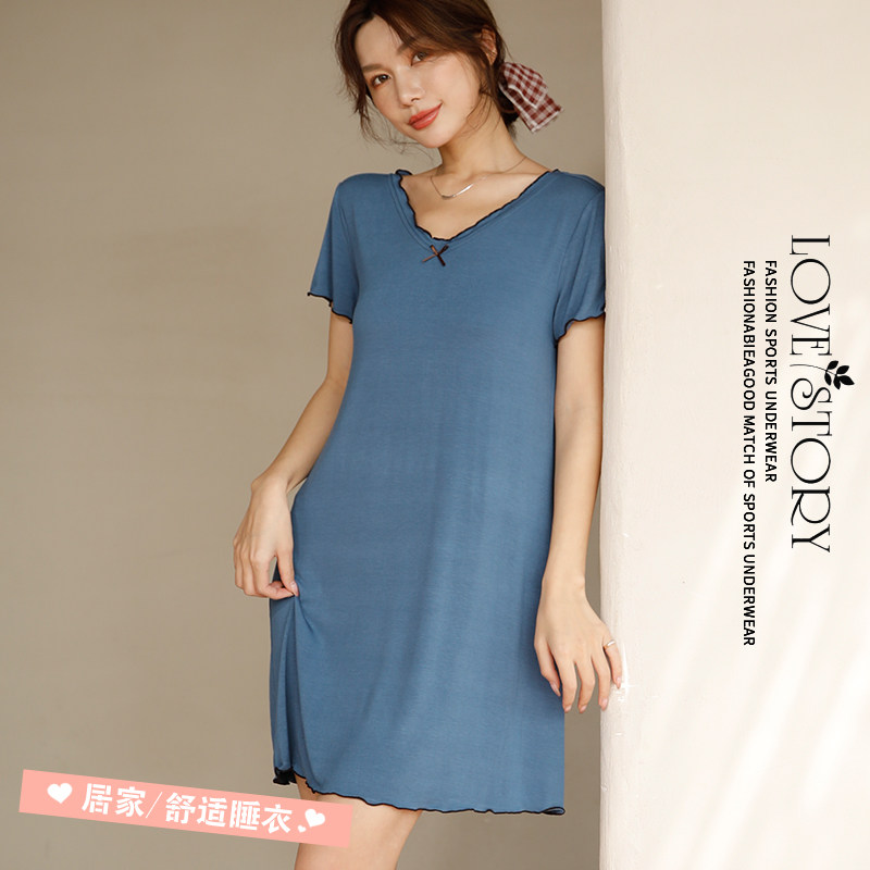 甜美莫代尔睡裙休闲居家服一体式透气舒适带胸垫可外穿 睡衣女夏