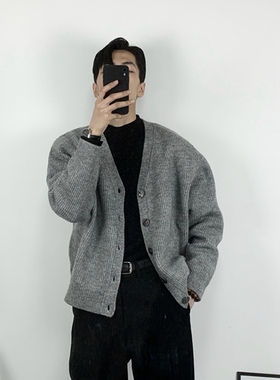 开衫毛衣男款宽松加厚慵懒风大码日系加肥加大v领港风ins针织衫潮