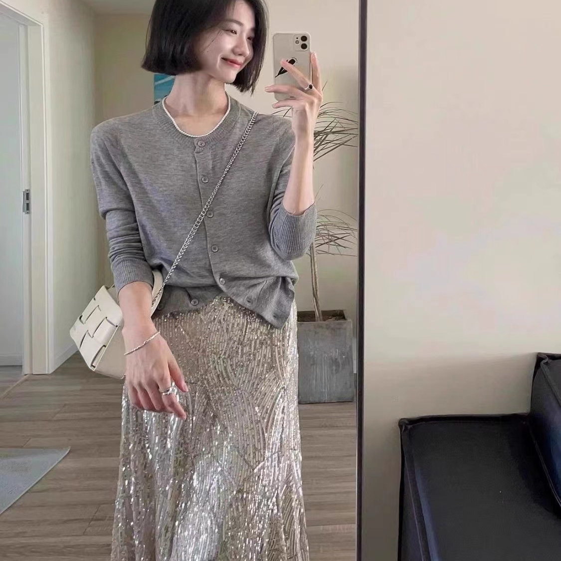 亮片半身裙女2025春夏新款高腰显瘦A字裙小个子包臀中长款鱼尾裙