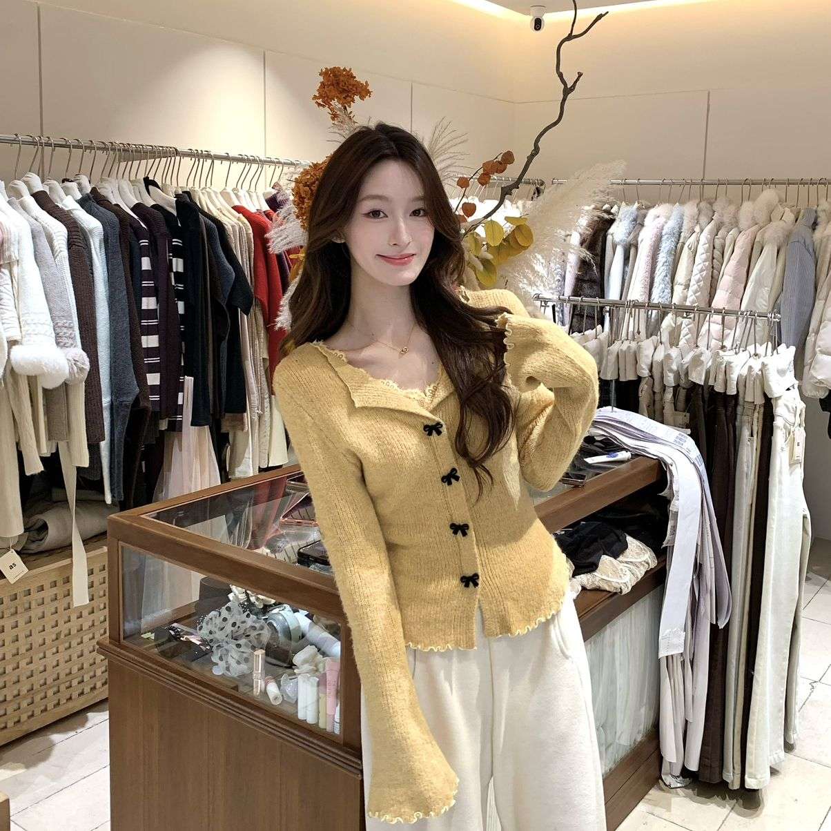 S OFFICIAL-础内搭天花板•法式蕾丝丝绒蝴蝶结小衫针织开衫15261