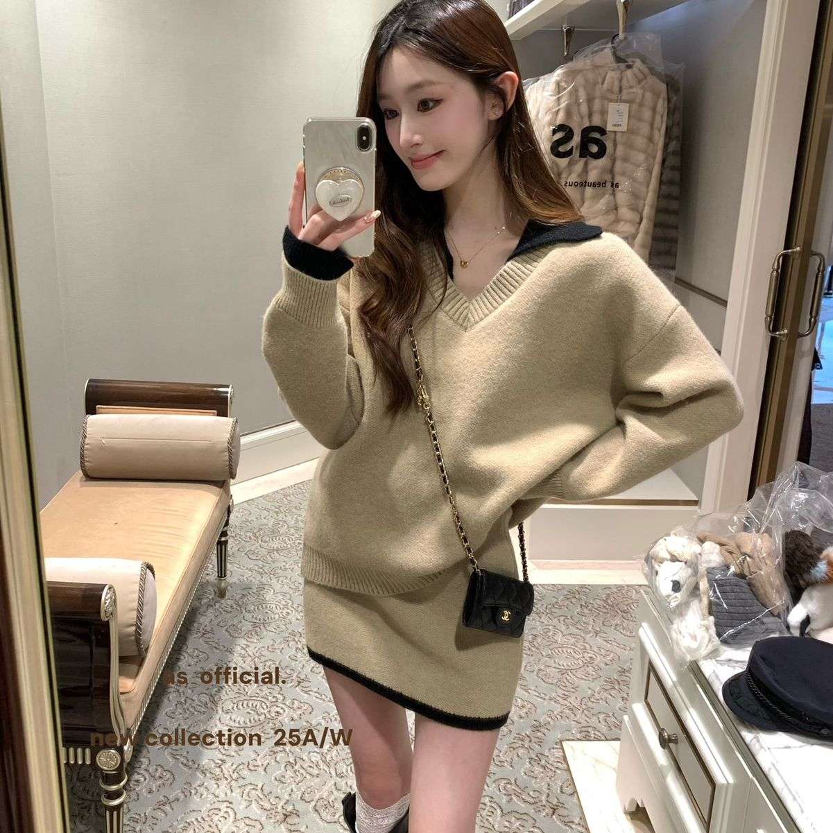 AS OFFICIAL-小红薯热门一套必反单撞色毛衣+半裙两件套套装80525