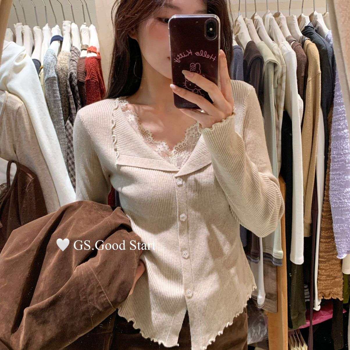 GS.GOOD START-拉满～超跑量秋气质温柔蕾丝拼接v领打底小衫G7238