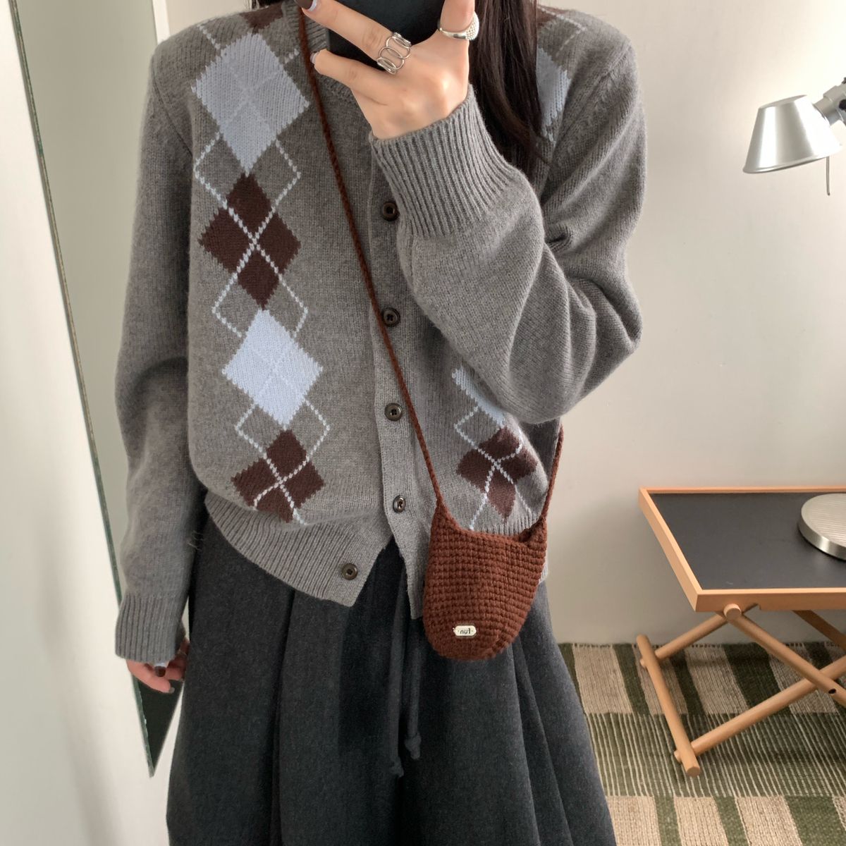 Hagge-.egg韩系学院风全毛菱格针织开衫（含100羊毛）8-9065