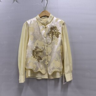 26A1018女款 春装 时尚 衬衫 2026两件套 国风刺绣提花马甲立领长袖