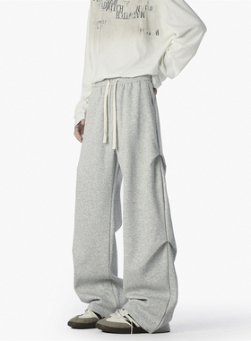 SMILEISLAND 美式灰色褶皱工装卫裤女男秋季宽松垂感抽绳运动裤