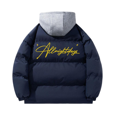 艺术签名字体美式高街假两件连帽保暖棉衣棉服