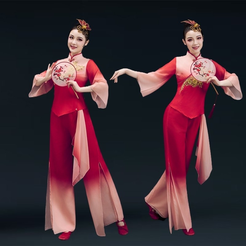 新款扇子舞蹈服装民族舞台广场舞手绢舞古典舞演出服套装秧歌服女