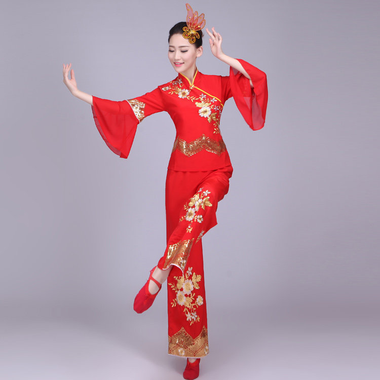 成人广场舞蹈秧歌服女装红色中国风跳舞服装演出服舞台喜庆表演服