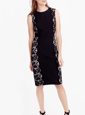 J家蕾丝拼接修身无袖连衣裙 优雅黑色背心裙及膝裙轻奢小礼服小码