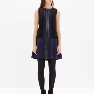 无袖 复古拉链拼接 连衣裙 羊毛混纺撞色拼皮连衣裙 特价