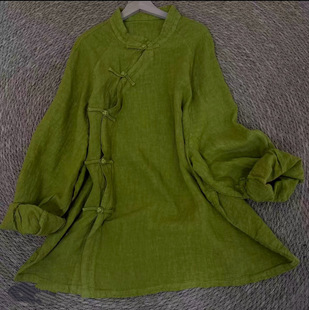 中式 干洗亚麻长袖 斜襟盘扣上衣 长75 春季 胸围140 中长款