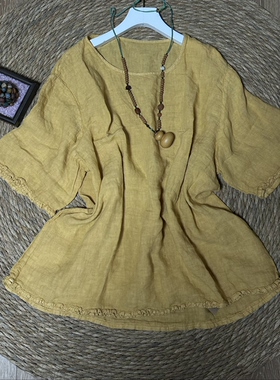 荷叶边亚麻小衫文艺复古宽松圆领百搭休闲套头上衣长68 胸围128