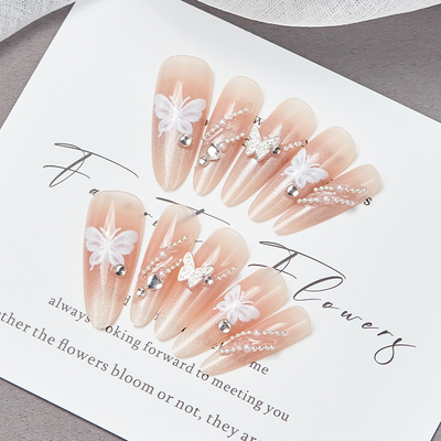 长杏仁穿戴甲中长款纯手工美甲蝴蝶黄黑皮显手白新款高级感指甲贴