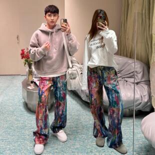 深圳南油2026春夏3D数码打印男女同款油画彩虹宽松直筒牛仔裤