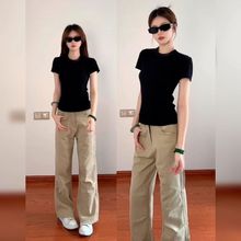 纯棉黑色正肩短袖t恤女2025新款修身显瘦内搭紧身高腰小个子上衣