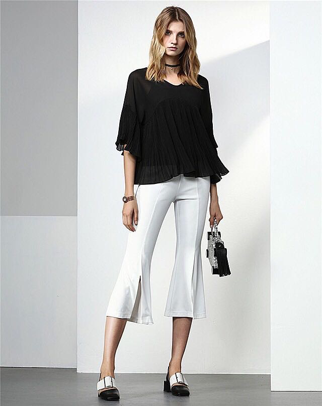 伊华欧秀夏季时尚百搭显瘦七分裤女高腰弹力开叉喇叭阔腿裤子148