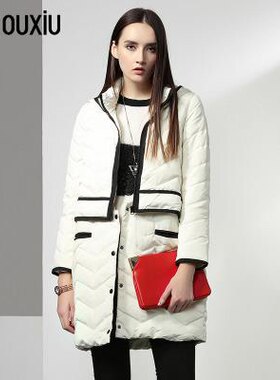 冬季新款伊华欧秀简约中长款连帽直筒女白鸭绒羽绒服保暖外套