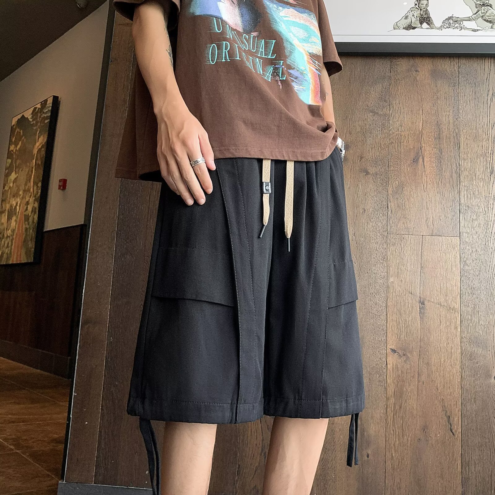 夏季简约时尚潮流气质新款日系潮牌拼接设计工装短裤男夏季百搭