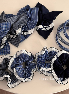 蓝色格纹蝴蝶结大肠发圈气质布艺织带蝴蝶结方形头绳发箍发饰