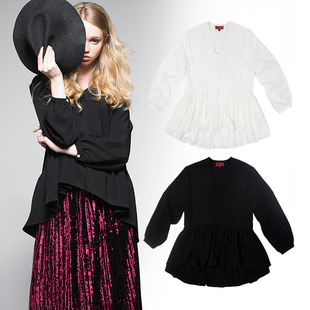 出口韩国外贸垂坠前短后长立体剪裁荷叶下摆夏季 套头圆领裙衣 长袖