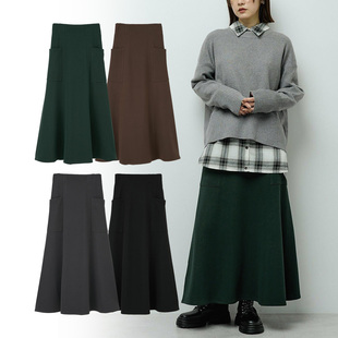 出口日本外贸女装秋冬通勤简约基础款大口袋松紧腰喇叭裙半身裙