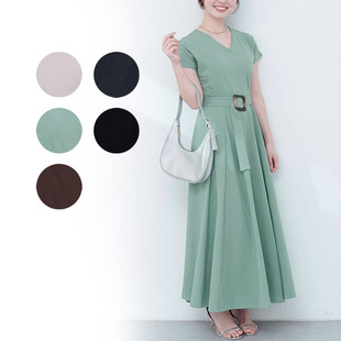 出口日本外贸女夏末初秋简约V领带罩杯腰带喇叭裙摆短袖连衣裙