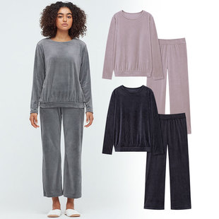 家居服套装 出口日本外贸女装 春秋光滑细腻弹性丝绒圆领上衣九分裤