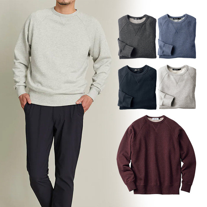 出口日本外贸春秋季男装纯棉毛圈经典宽松抗菌防臭圆领长袖卫衣