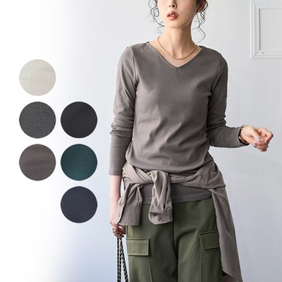 出口日本女秋棉圆V领长袖打底衣