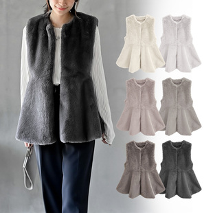 出口日本外贸女款秋冬仿皮草蓬松光滑保暖暗扣无袖裙式坎肩马甲